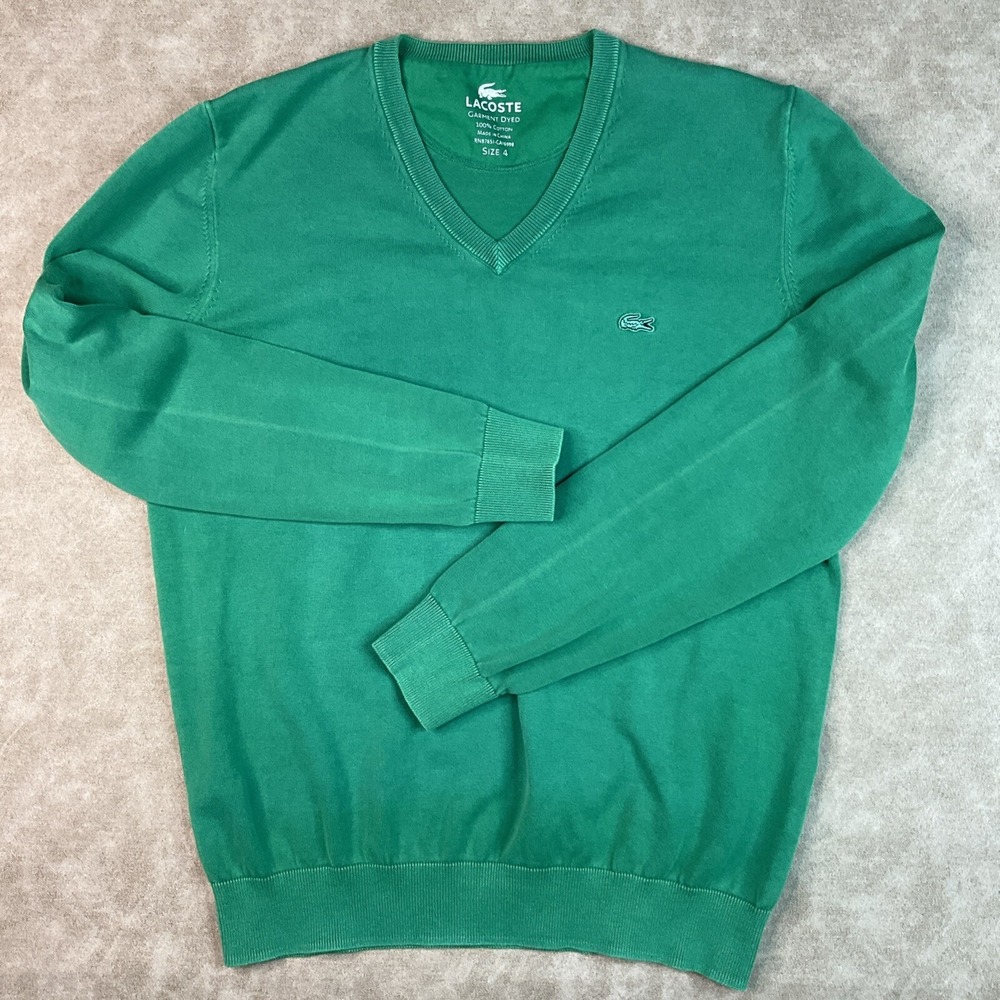 Lacoste Garment Dyed Sweater Mens 4 M Green Lightweight V Neck Alligator Logo - Picture 5 of 7